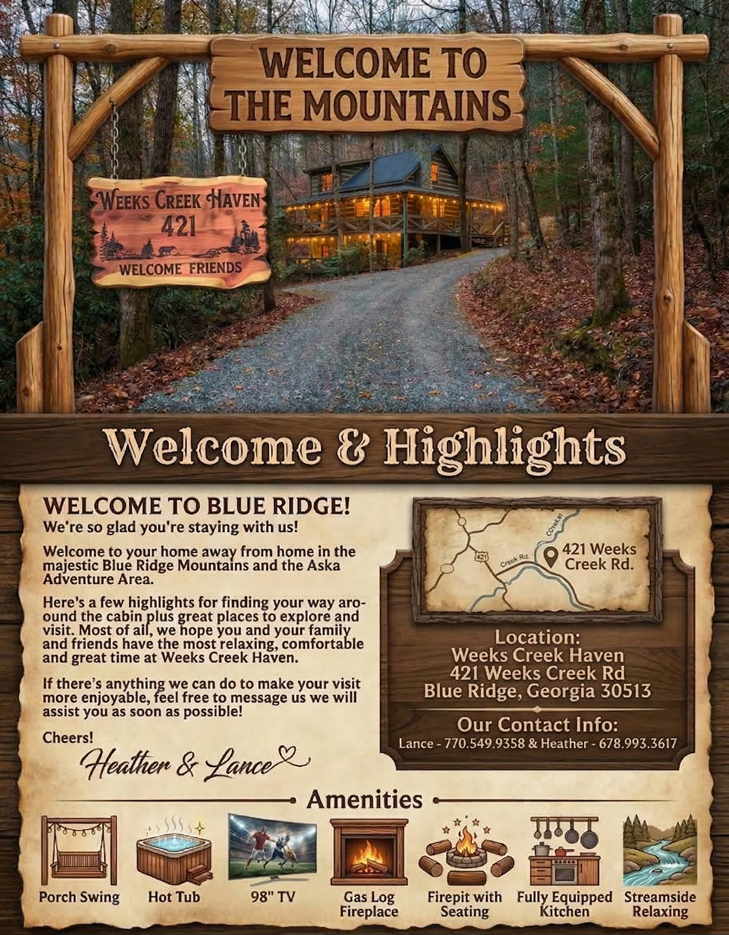 Map graphic and cabin welcome info